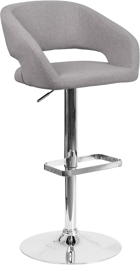 Flash Furniture Barkruk, modern, grijze stof, in hoogte verstelbaar, met afgeronde middelhoge rugleuning en chromen basis, 107 x 53 x 52 cm
