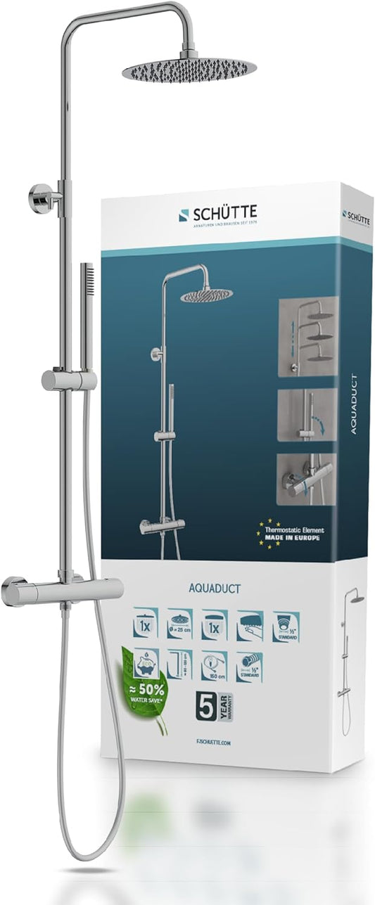 Douche Systeem – Douche Set – Regendouche – Thermostaatkraan – Handdouche – 25 cm Regendouchekop – Waterbesparend Chroom