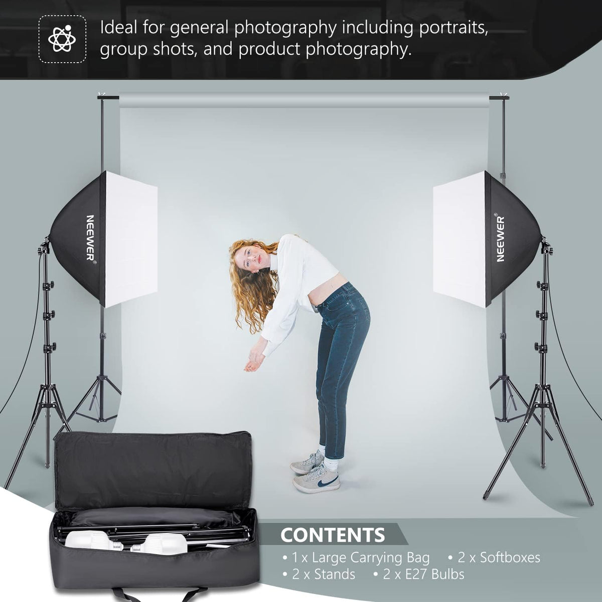 Neewer 60x60cm softbox met E27 fitting 700W studiolamp softbox set, voor fotostudio portretten, productfotografie en video-opname