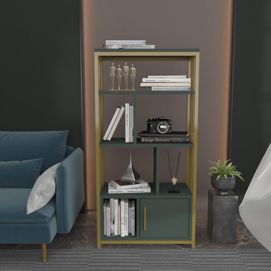 Hanah Home Elegant Green & Gold Bookshelf, 60 cm x 120 cm x 29,6 cm, 100% Melamine Coated Particle Board, 18 mm dik, stijlvolle opslag voor moderne ruimtes