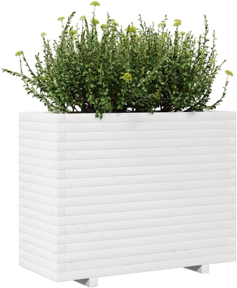 White Flower Box 90 x 40 x 72 cm Solid Pine Wood Flower Box on Legs Trellis Planter Patio - QUORE