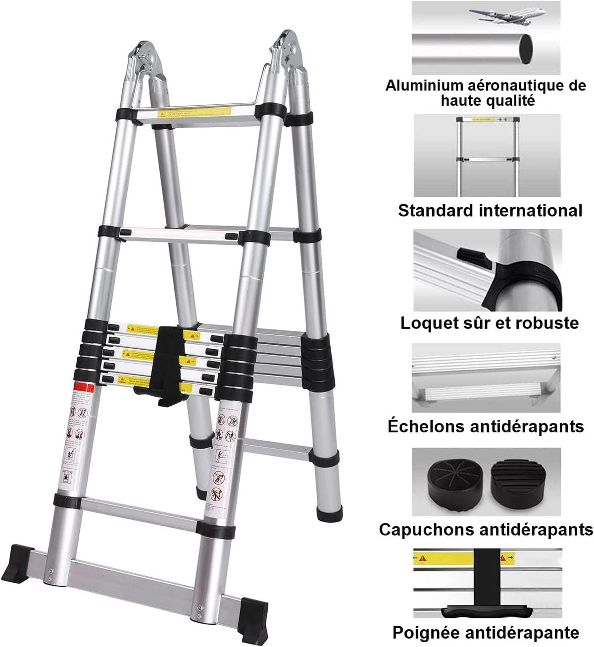 Nictemaw 5M Scala Telescopica in Alluminio Scala Retrattile pieghevole, capaciteit 150 kg (2,5 m + 2,5 m)