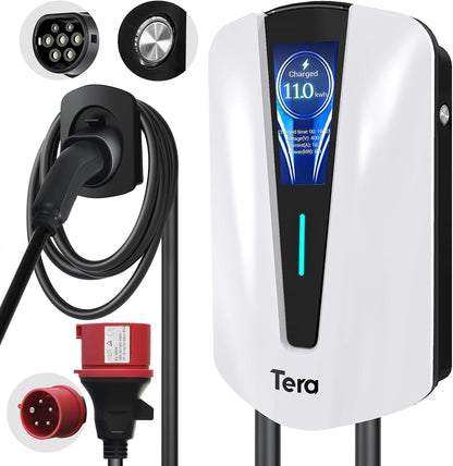 Tera EV Oplader Type 2 Wallbox: Oplaadstation Elektrisch Voertuig 11kW Driefasig, 16A 400V met Controleerbaar Digitaal Display, 7 Meter Oplaadkabel, Oplader Wandhouder voor EVs PHEVs