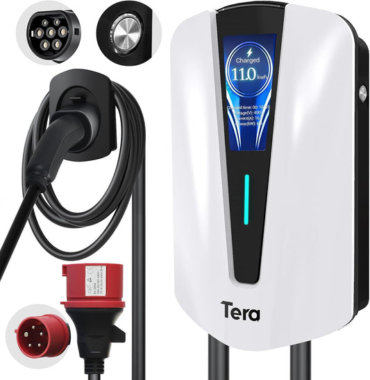 Tera EV Oplader Type 2 Wallbox: Oplaadstation Elektrisch Voertuig 11kW Driefasig, 16A 400V met Controleerbaar Digitaal Display, 7 Meter Oplaadkabel, Oplader Wandhouder voor EVs PHEVs
