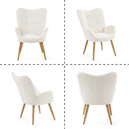 MEUBLE COSY Gestoffeerde fauteuil, woonkamerstoel met armleuningen, relaxstoel met hoge rugleuning en dik kussen, houten poten voor slaapkamer, woonkamer, bouclé stof, beige