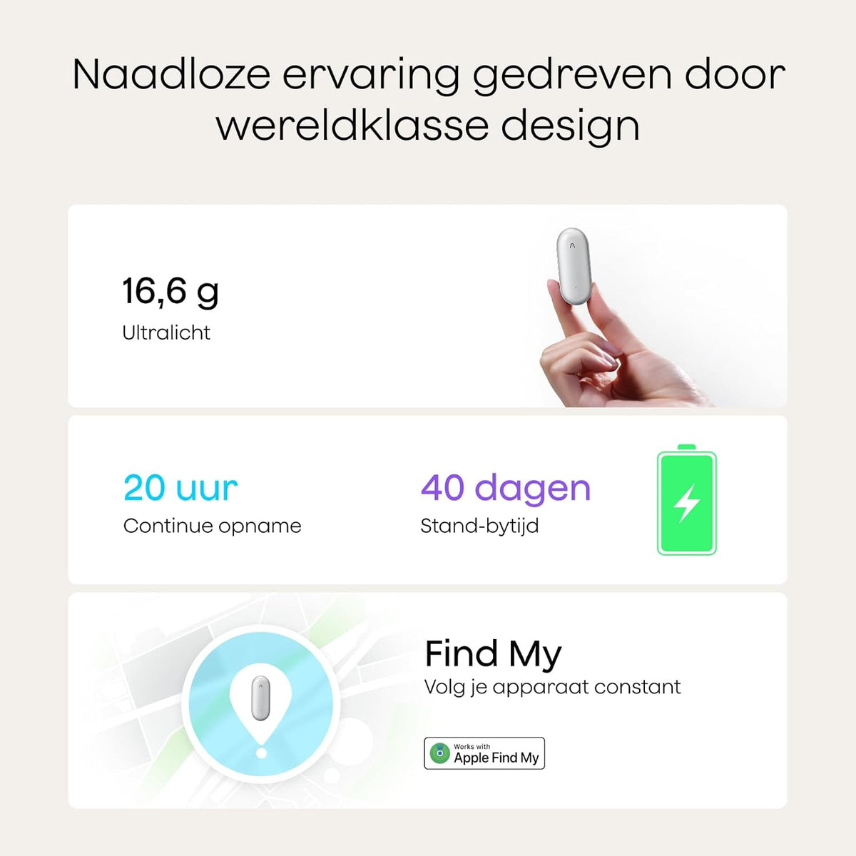 Plaud NotePin AI-spraakrecorder, app-bediening, AI-notitieapparaat, AI-transcriptie en samenvatting, ondersteunt 112 talen, 64GB geheugen, audiorecorder voor colleges, vergaderingen, Lunar zilver