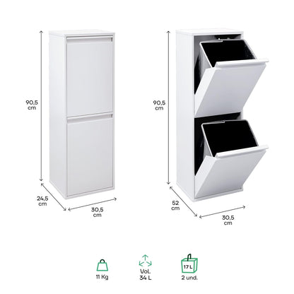 ARREGUI Basic CR201-B Recyclingcontainer | Afvalcontainer in Staal | 2 Compartimenten 2x17 L (34 L) | Multifunctionele Recyclebak voor Afvalscheiding | Afvalbak voor Keuken, Huis of Kantoor | Wit