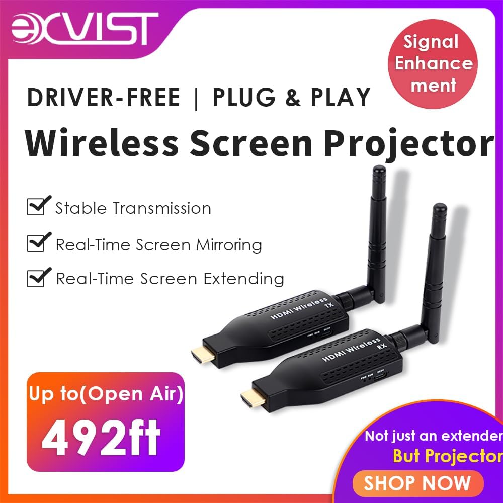 EXVIST Draagbare draadloze HDMI-zender en -ontvangerset, 492t lang bereik, HD-overdracht 1080P, plug & play voor tv/projector, ideaal voor thuisbioscoop, presentaties