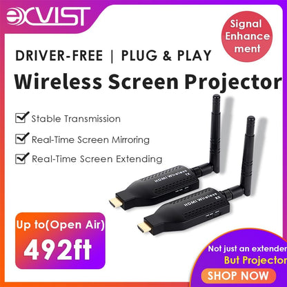 EXVIST Draagbare draadloze HDMI-zender en -ontvangerset, 492t lang bereik, HD-overdracht 1080P, plug & play voor tv/projector, ideaal voor thuisbioscoop, presentaties