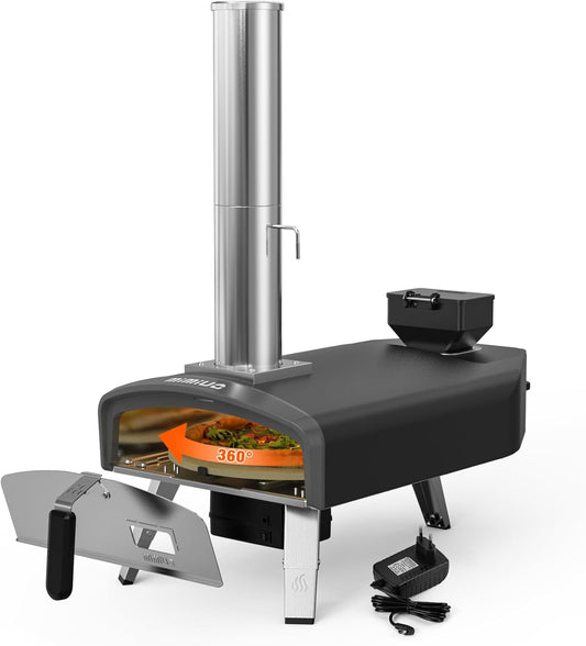 Mimiuo Wood Pellet Pizza Oven met Automatisch Draaisysteem, Draagbare Pizzaoven met 33cm Pizzasteen, Outdoor Pizzaoven voor Picknick Feest Vamping, Zwart