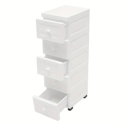 Ladenkast – Ladekast – Kommode – Opbergkast – Dressoir – Modern – 5 Lades – Wieltjes – Wit – Kunststof – Compact 25x34x82 cm