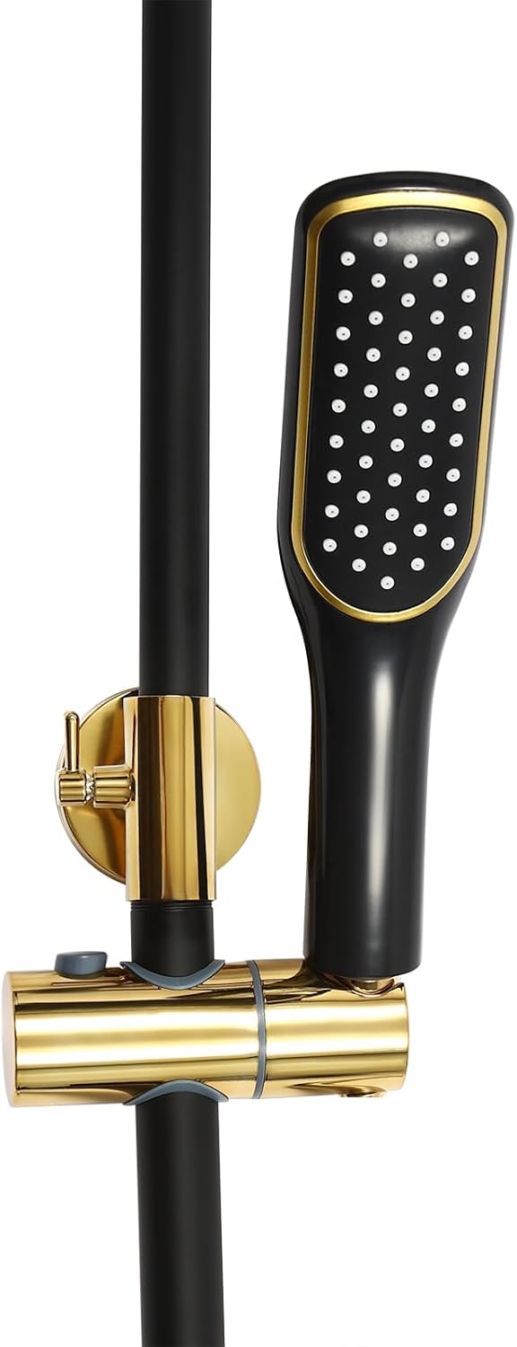 OUKANING Shower Faucet with Rain Shower, Brass Stainless Steel and ABS, Shower System Shower Set, 3 Water Outlet Modes, Indoor Housewarming Gift (Black, Gold) - QUORE