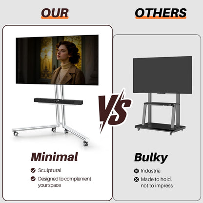 Mobiele tv-kar ezel rollende tv-standaard met soundbar-plank voor schermen van 32 tot 65 inch, minimalistisch roestvrijstalen frame met 360 ° wielen, draagbare vloer-tv's staan tot 80 lbs Max VESA