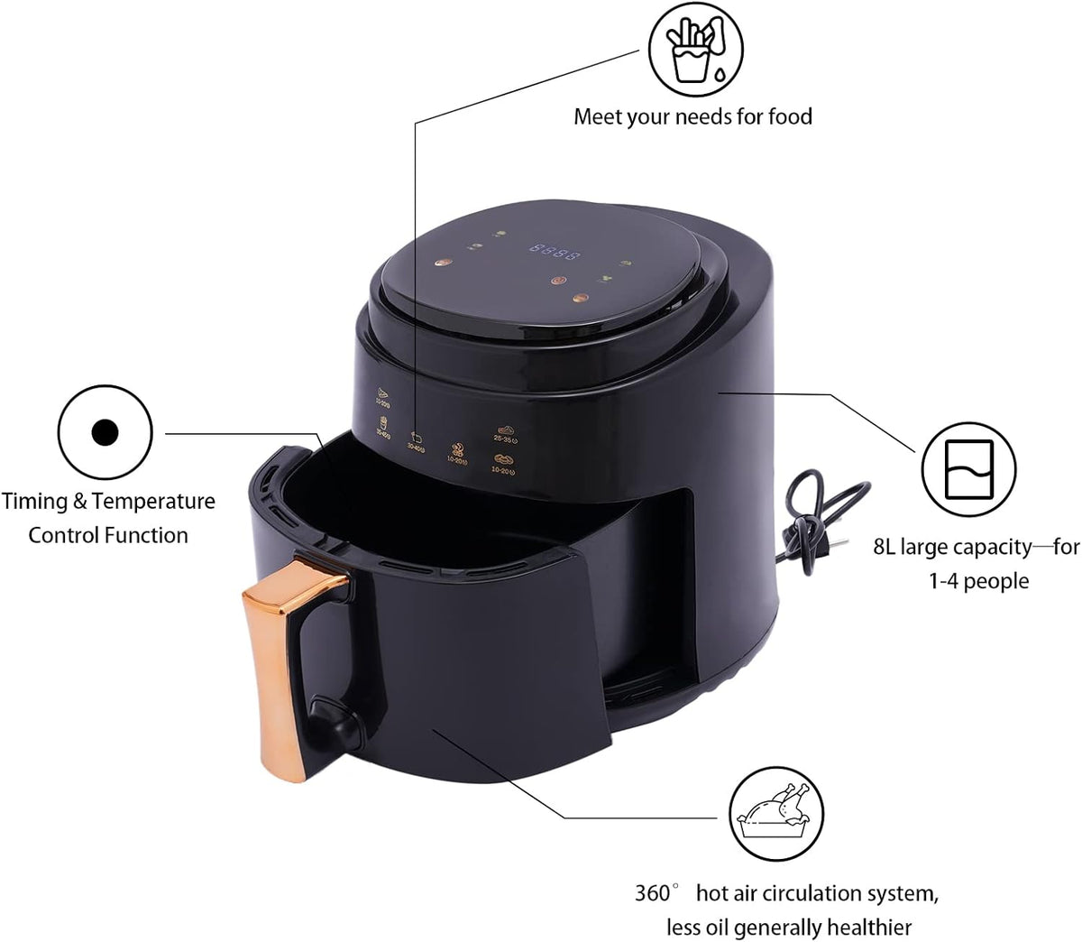 Heteluchtfriteuse - Airfryer - Airfryer zonder olie - 1400W - Smart Touch AirFryer - 360 Heteluchtcirculatiekooktoestel - 8L - Zwart