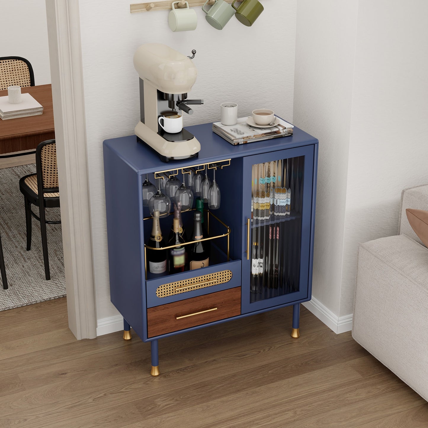 Wijnkast – Dressoir – Sidetable – Opbergmeubel – Vintage Sideboard – Blauw – Hoogwaardige MDF Constructie – Met Deur, Lades En Wijnrek