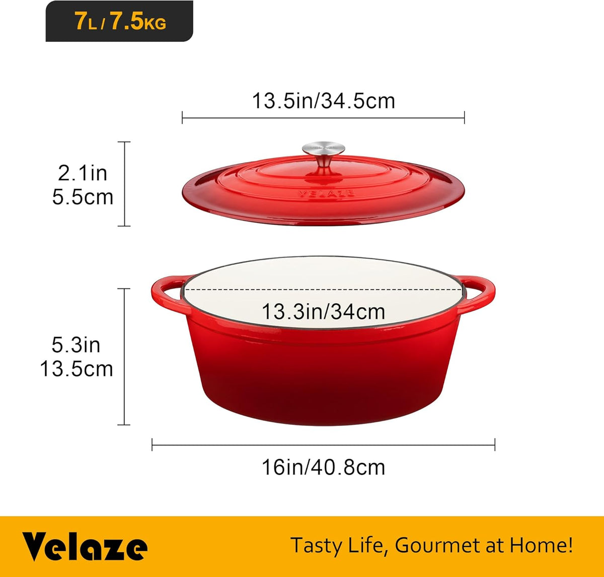 Velaze Oval Cast Iron Casserole with Lid 34 cm, 7 Litre Enamel Pan, Bread Pan with Lid, Stew Pan Suitable for All Heat Sources - QUORE