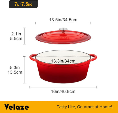 Velaze Oval Cast Iron Casserole with Lid 34 cm, 7 Litre Enamel Pan, Bread Pan with Lid, Stew Pan Suitable for All Heat Sources - QUORE