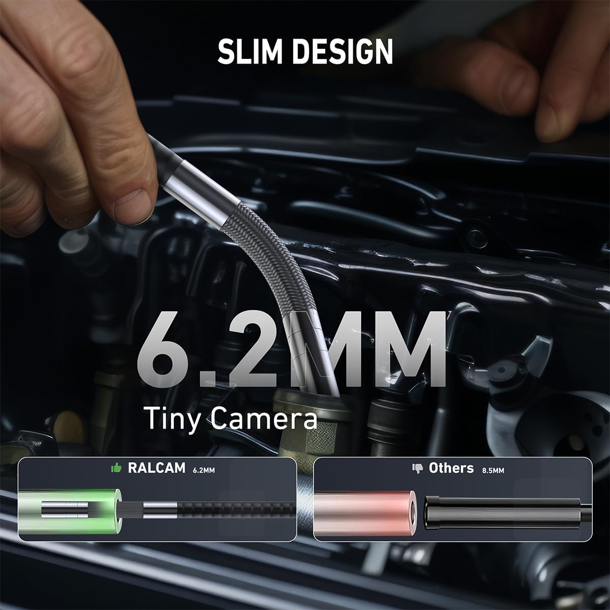 Ralcam Endoscoopcamera, 6,2 mm, 360° endoscoop, 4,3 inch draaibaar, HD 720P inspectiecamera met lichte buis, 6 led-camera's, IP67 waterdicht, halfstijve kabel, 2 m