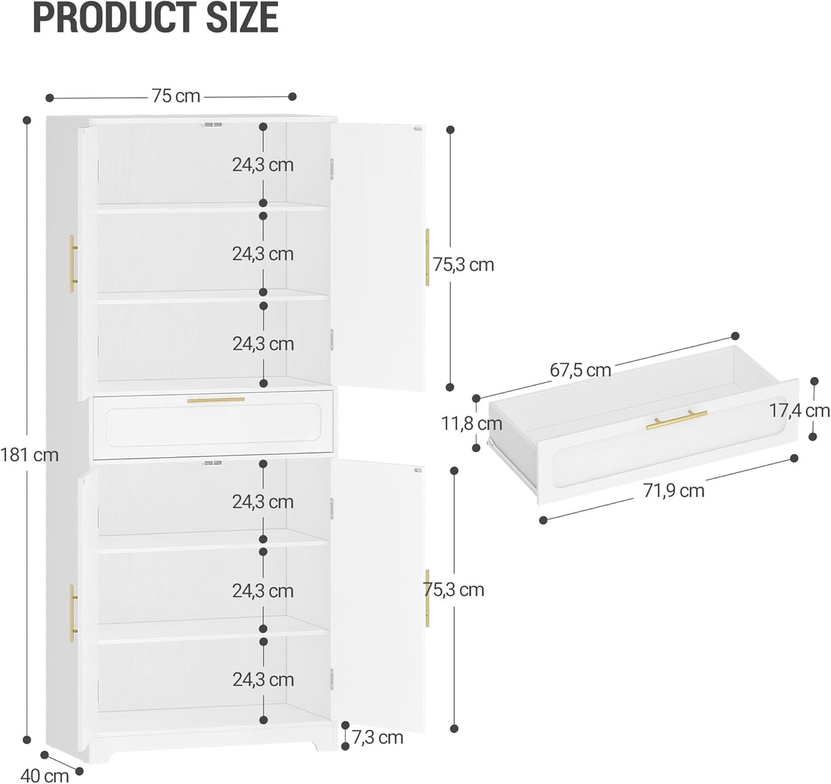 Hzuaneri High Dresser with 4 Doors, Kitchen Cabinet with Drawer, Adjustable Shelf, for Living Room, Kitchen, Dining Room, 40 x 75 x 181 cm, White PT18103XEU