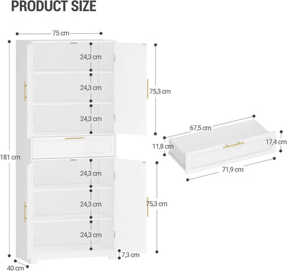 Hzuaneri High Dresser with 4 Doors, Kitchen Cabinet with Drawer, Adjustable Shelf, for Living Room, Kitchen, Dining Room, 40 x 75 x 181 cm, White PT18103XEU