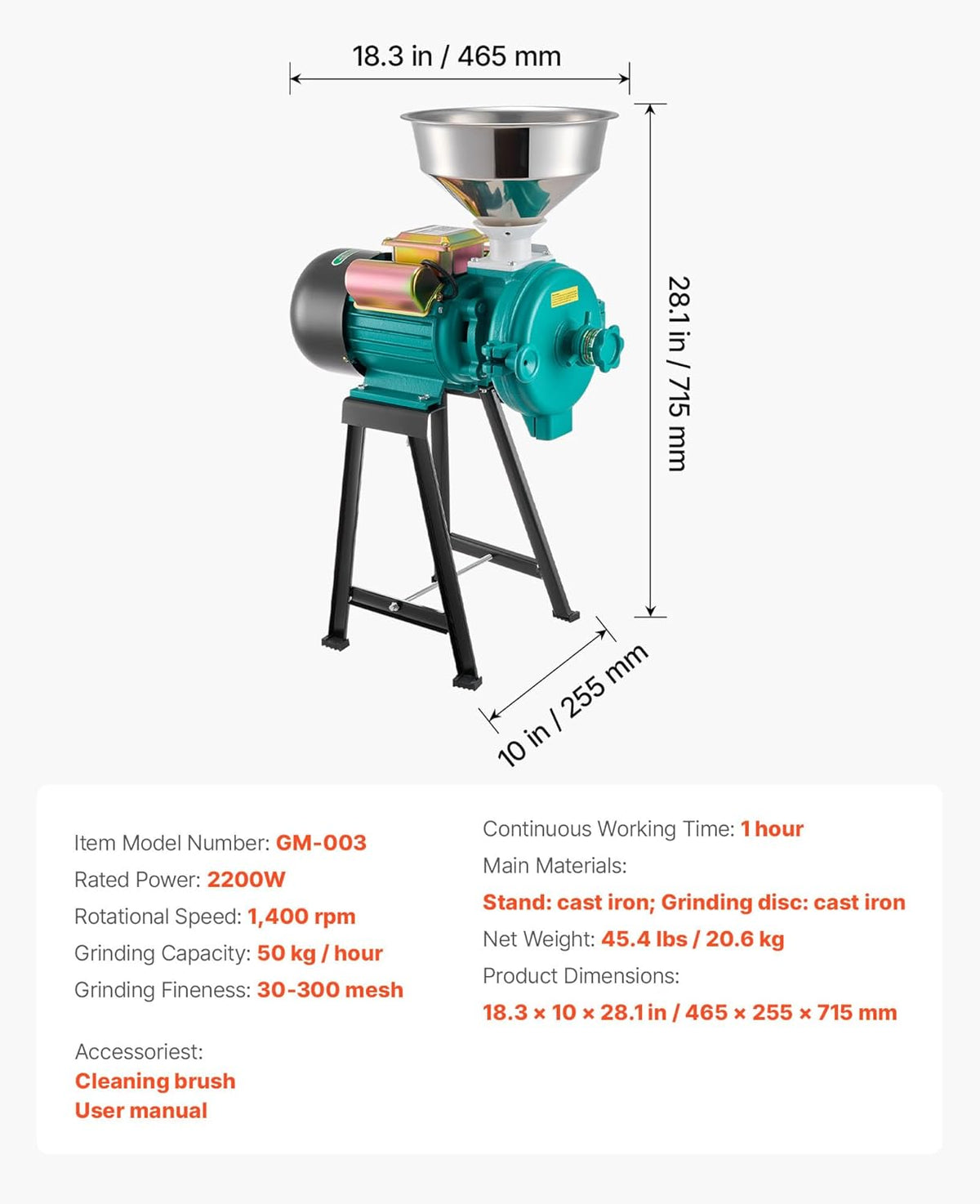 VEVOR Elektrische graanmolen, 50 kg/u, graanmolen, 2200 W, gietijzer, kruidenmolen met antislip rubberen voetjes, voor droge granen, specerijen, muesli, koffie, maïs, peper, hoge snelheid