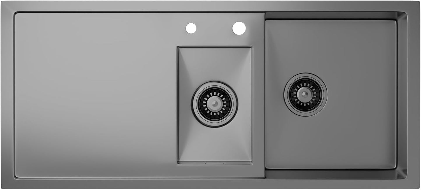 Klarstein - Keukenspoelbak van roestvrij staal, 100 x 45 cm - 1 wastafel met overloop en 2 wastafels - wastafelstop en filter inbegrepen - Robuust en gemakkelijk te reinigen