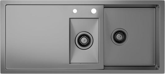 Klarstein - Keukenspoelbak van roestvrij staal, 100 x 45 cm - 1 wastafel met overloop en 2 wastafels - wastafelstop en filter inbegrepen - Robuust en gemakkelijk te reinigen