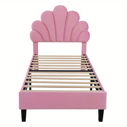 Meisjesbed 90x200 cm – Jongensbed – Kinderbed – Teenbed – Logeerbed – Roze Fluweel Gevoerd – Bloemvormige Rugleuning – Lattenbodem