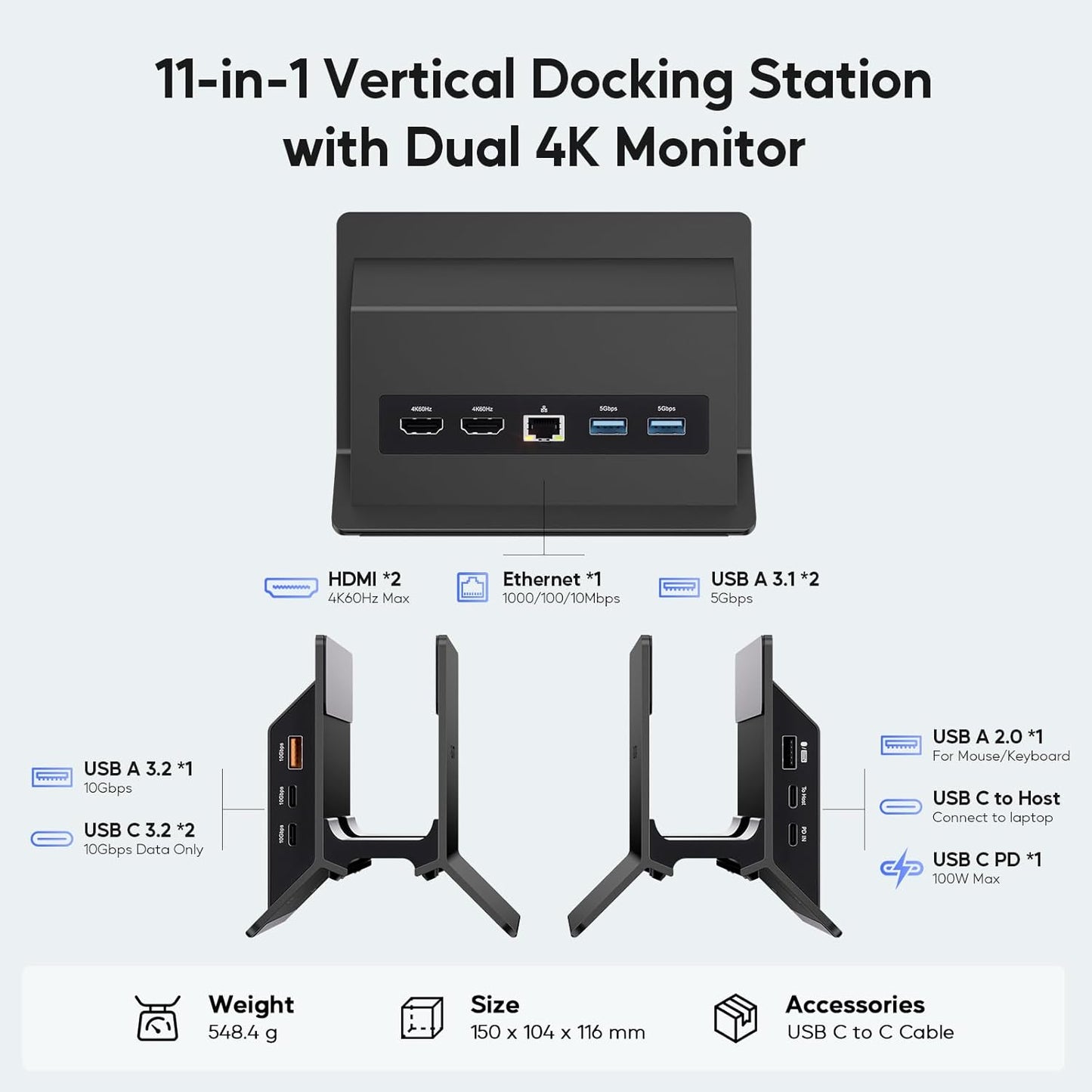 USB-C Docking Station Voor Dubbele Monitoren – Dockingstation – Laptop Dockingstation – USB-C Hub – Verticale Laptopstandaard Zwart – 2X HDMI 4K 60 Hz – 11-In-1 Met Ethernet En 100W PD
