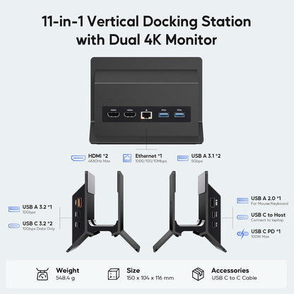 USB-C Docking Station Voor Dubbele Monitoren – Dockingstation – Laptop Dockingstation – USB-C Hub – Verticale Laptopstandaard Zwart – 2X HDMI 4K 60 Hz – 11-In-1 Met Ethernet En 100W PD