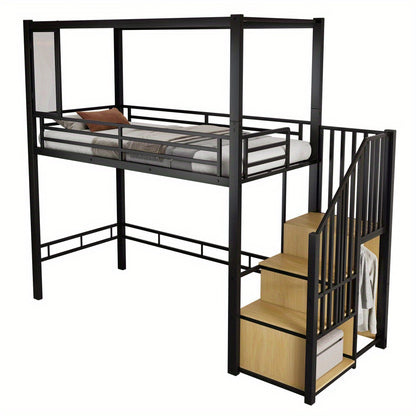 Hoogslaper – Kinderhoogslaper – Stapelbed – Eenpersoonsbed – Bedframe – Met Trap en Kledingkast – Stabiel Metalen Frame – Magnetische Deur – Ruimtebesparend 90x200 cm – Modern Industrieel