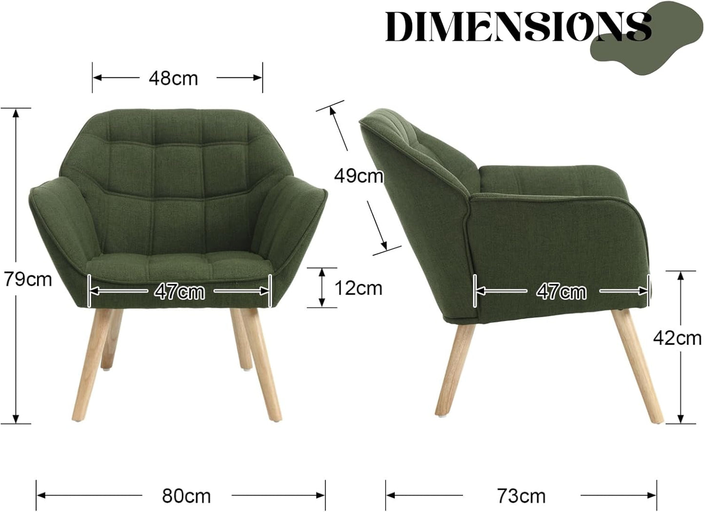 chairus Set of 2 Upholstered Tub Chairs Linen Single Sofa Accent Chair for Living Room Modern Recliner Cocktail Chair with Wooden Legs (Green-2)