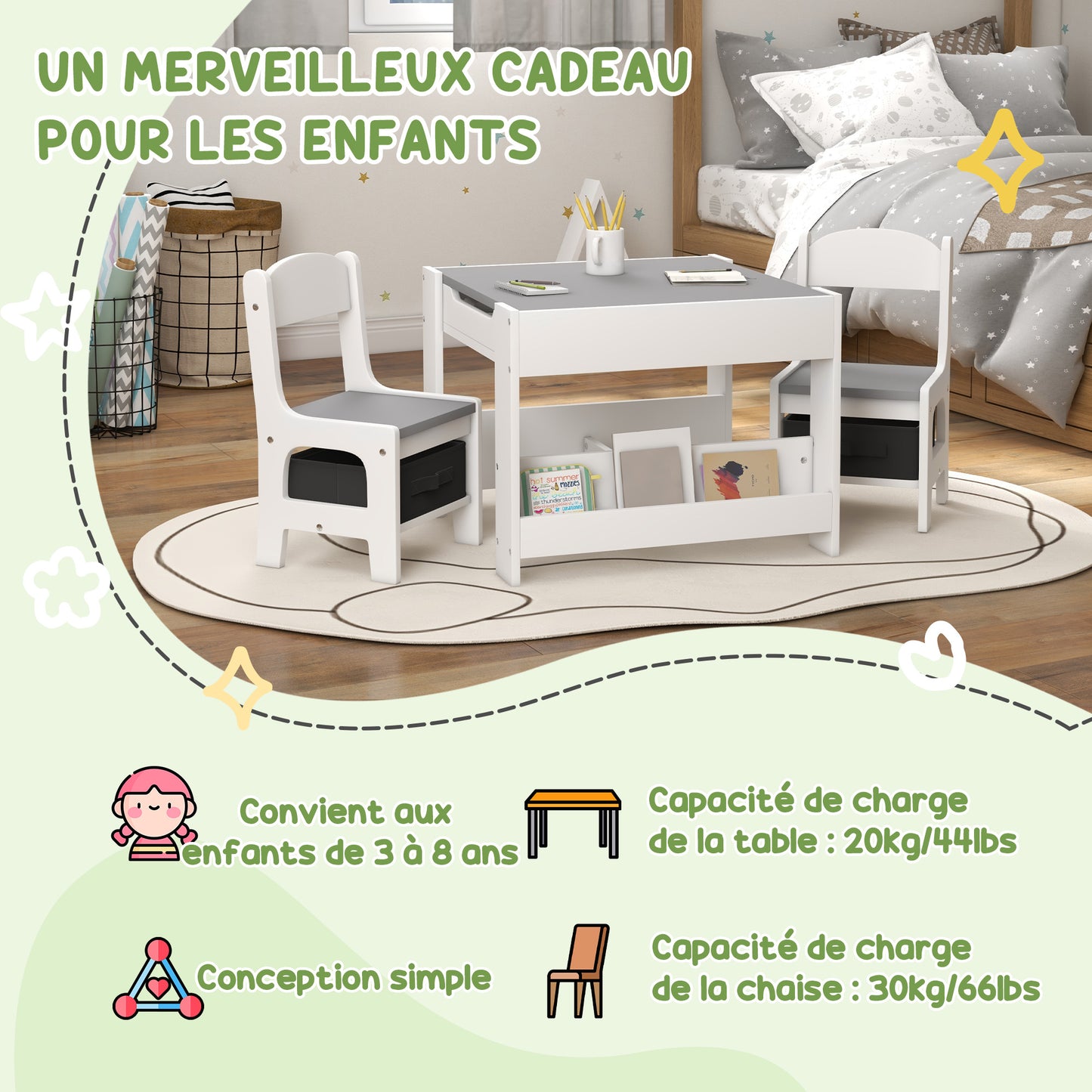 Kinderbureau Set – Kindertafel – Kindertafel Met Stoelen – Speeltafel – Tafel Met Opbergruimte – Omkeerbaar Tafelblad – Eenvoudig Schoon Te Maken – Grijs