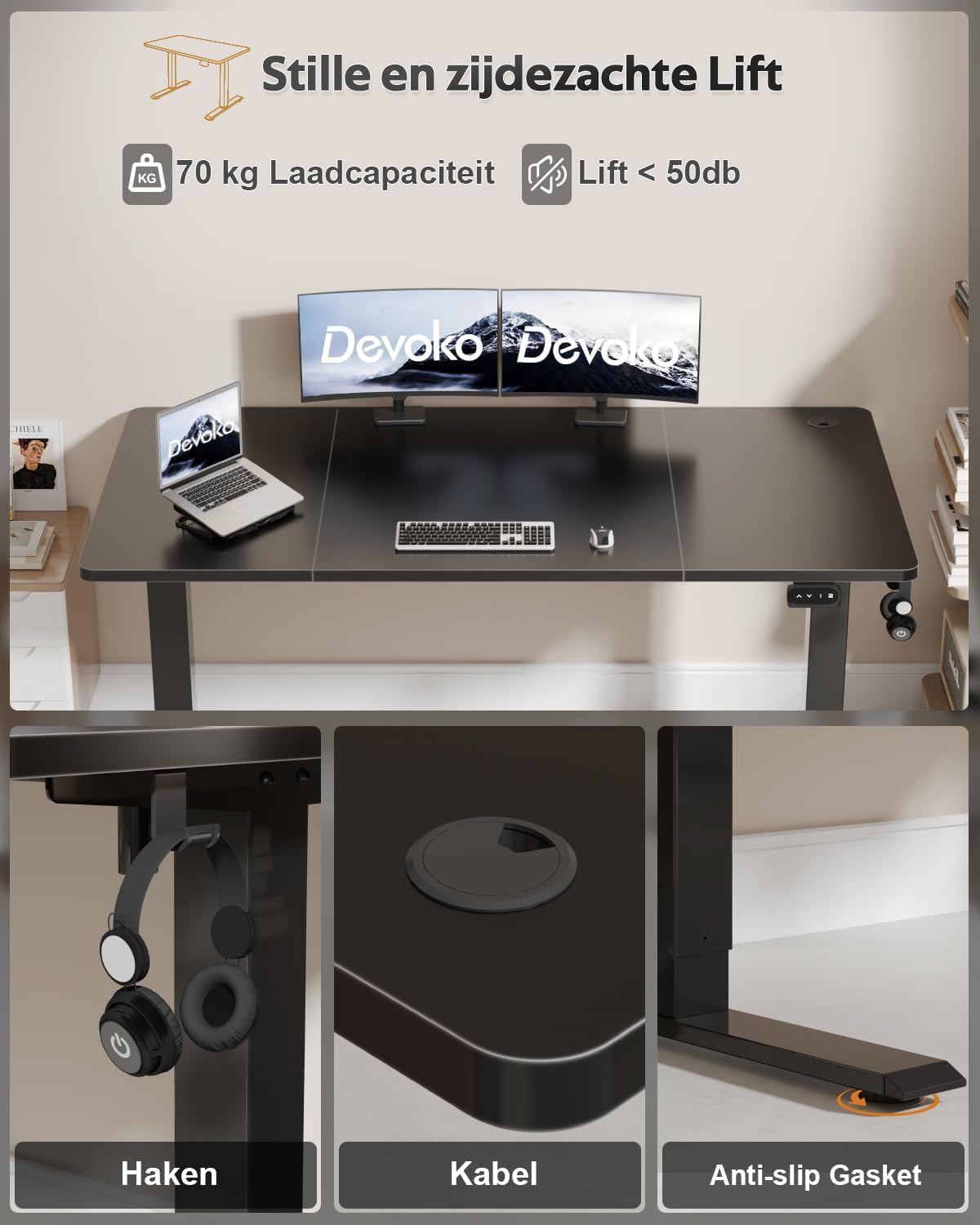 Devoko Electric Height Adjustable Desk, 160 x 60cm, Standing Desk with Memory, Computer Desk, Sit-Stand Desk, for Work, Study, Black