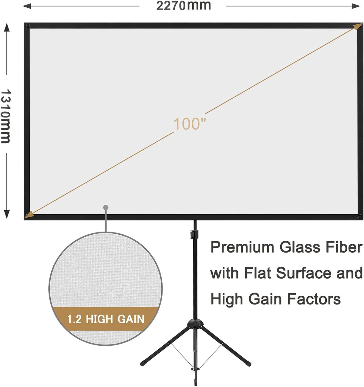 Beamerscherm met statief, draagbaar projectorscherm 100 inch, 16:9, 4K HD-projectiescherm, licht en compact, ideaal voor thuisbioscoop, voor films binnen en buiten.