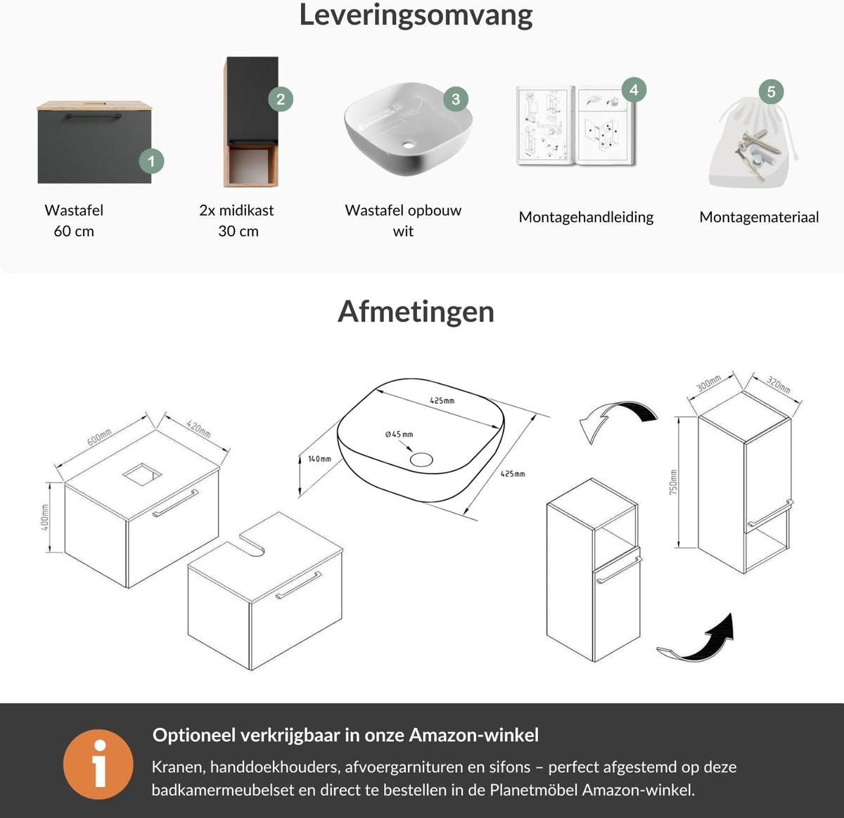 Planetmöbel Astra Bathroom Cabinet Set with Basin Cabinet 60 cm, 2 Midi Cabinets, Gold Oak Anthracite, Sink with Top Edge 42 cm White - QUORE