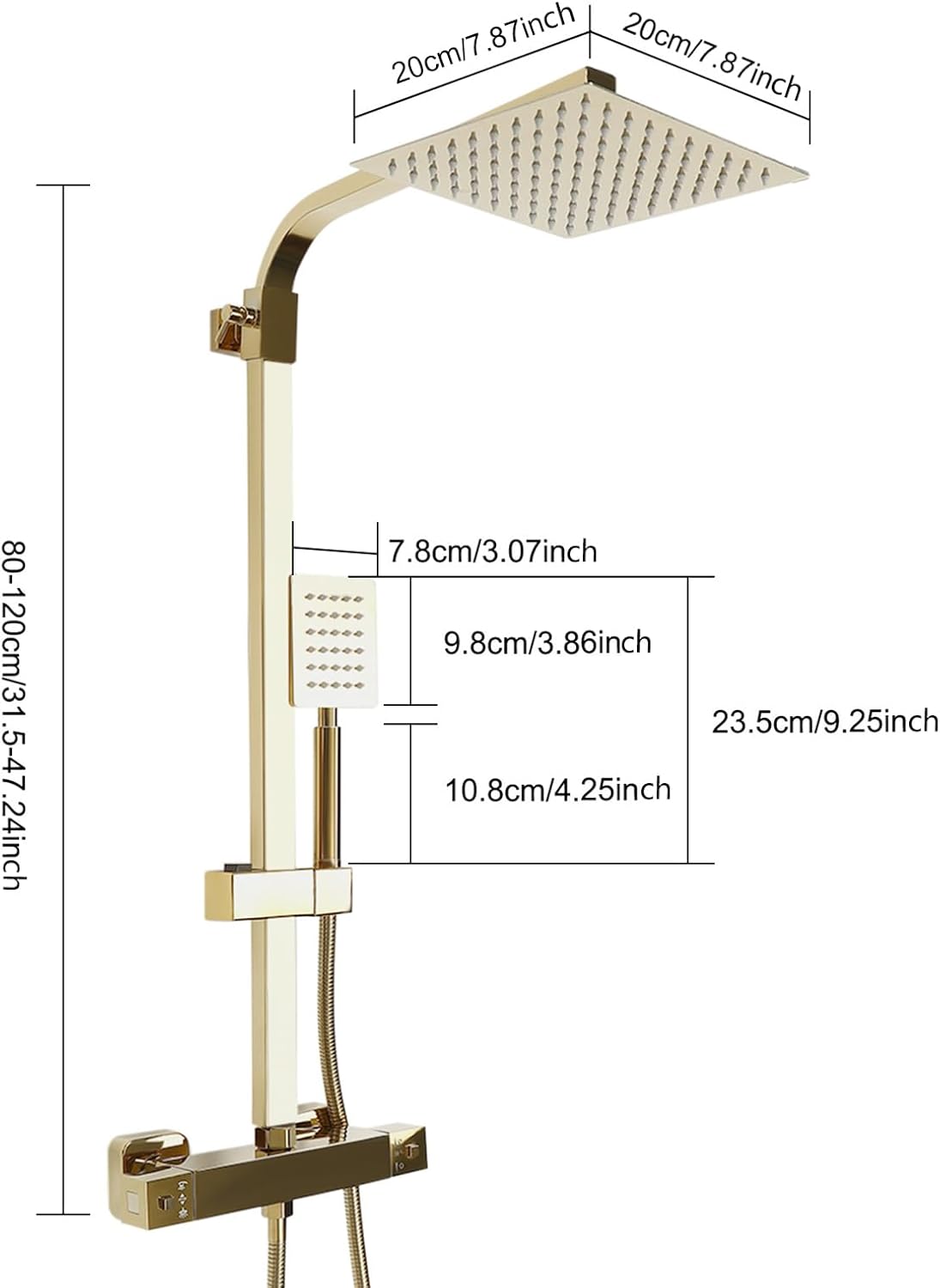 Douche Systeem – Regendouche – Douche Set – Douchekolom – Handdouche – Thermostatische Temperatuurregeling – Gouden Messing 20x20 cm