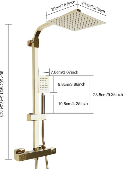 Douche Systeem – Regendouche – Douche Set – Douchekolom – Handdouche – Thermostatische Temperatuurregeling – Gouden Messing 20x20 cm