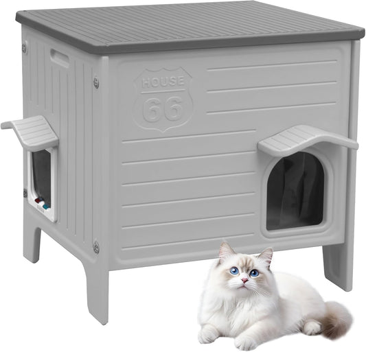 HiCaptain Kattenhuis Outdoor Winterbestendig Katten Kunststof Verwilderd Outdoor Kattenhuis Puppenverblijf voor Kleine Middelgrote Huisdieren Huisdieren Loophek Dekking Grijs