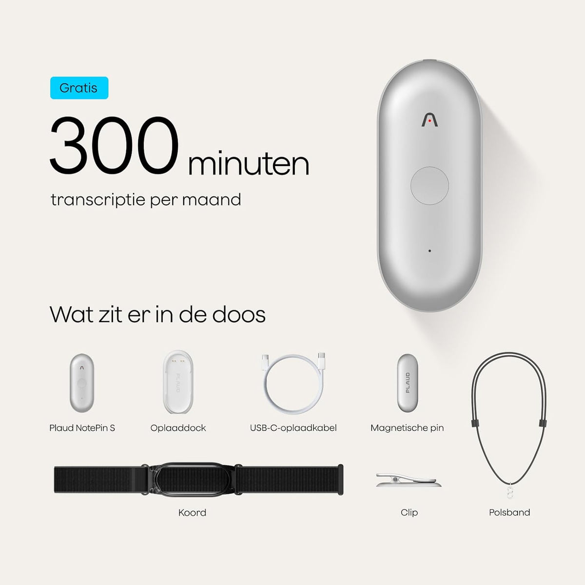 Plaud NotePin S AI spraakrecorder met een tactiele opnameknop voice recorder AI-notitieapparaat AI-transcriptie en samenvatting ondersteunt audiorecorder voor vergaderingen (Lunar zilver)