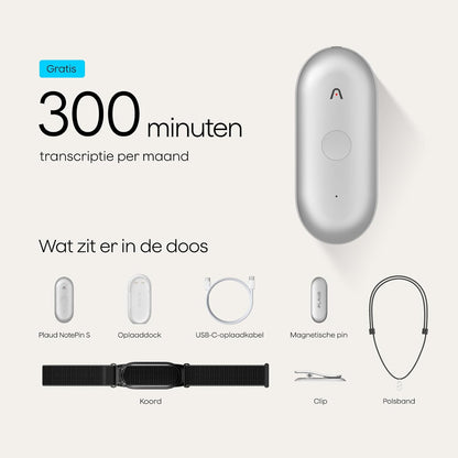 Plaud NotePin S AI spraakrecorder met een tactiele opnameknop voice recorder AI-notitieapparaat AI-transcriptie en samenvatting ondersteunt audiorecorder voor vergaderingen (Lunar zilver)