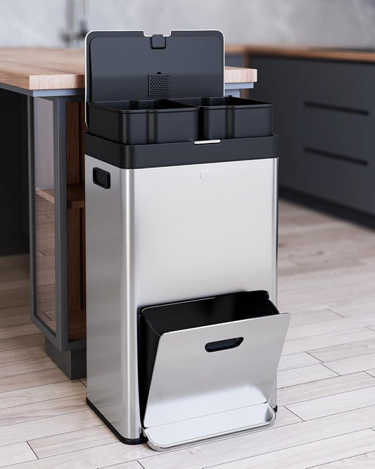 GarveeHome Keuken Prullenbak 56L/14,8 Gal, 3 compartimenten Pedaal Keuken Recycling Prullenbak met Verwijderbare Emmers, Roestvrij Staal Vuilnisbak voor Keuken School Ziekenhuis