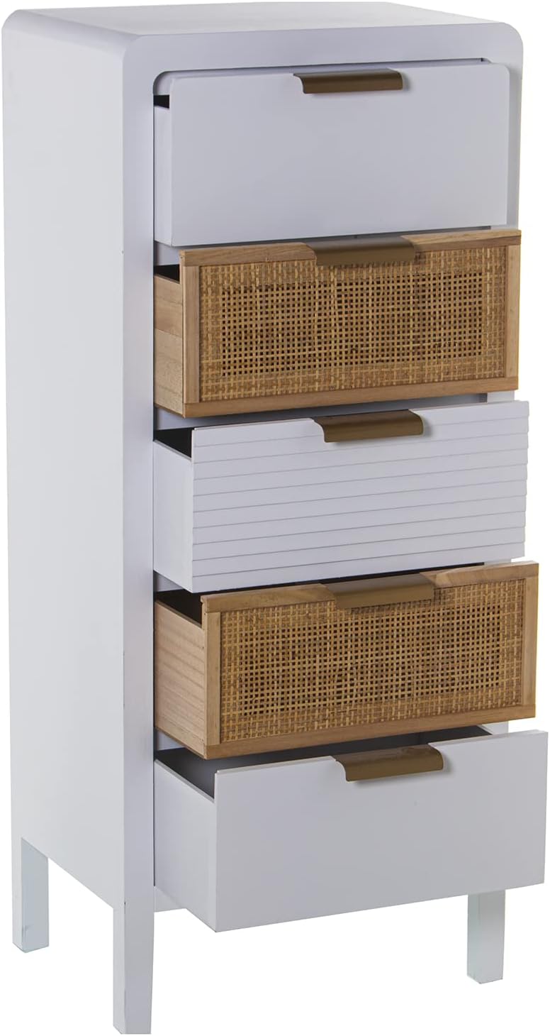 DRW Symfonier met 5 schuifladen van MDF en rotan in wit en natuur 40 x 30 x 92 cm