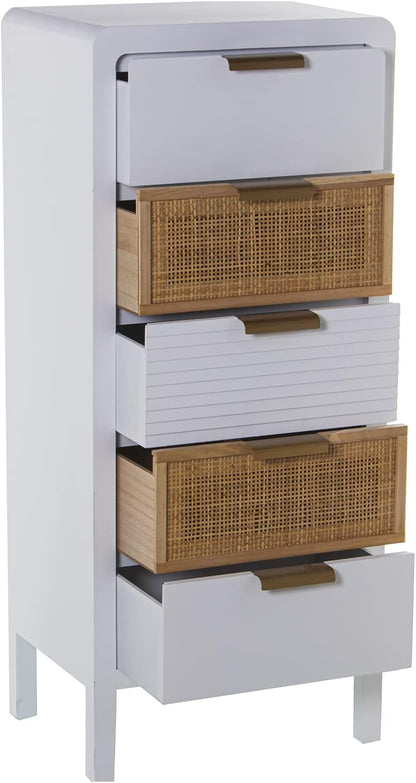 DRW Symfonier met 5 schuifladen van MDF en rotan in wit en natuur 40 x 30 x 92 cm