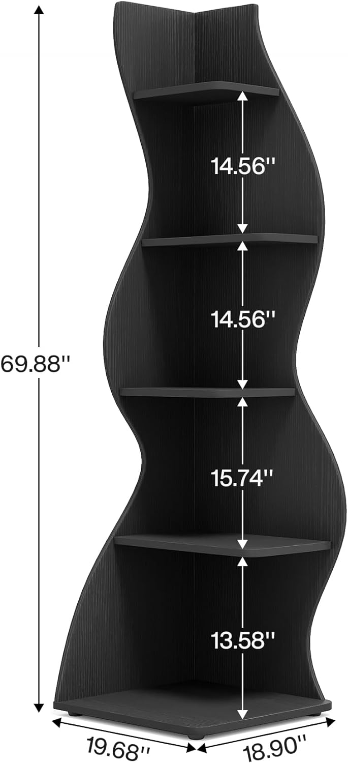 Tribesigns Corner Shelf, 178 cm High, Storage Shelf, Bookcase, Plant Stand, Organizer, 5 Levels, Modern, for Home, Office, Living Room, Bedroom, Balcony, Black, 1 Piece