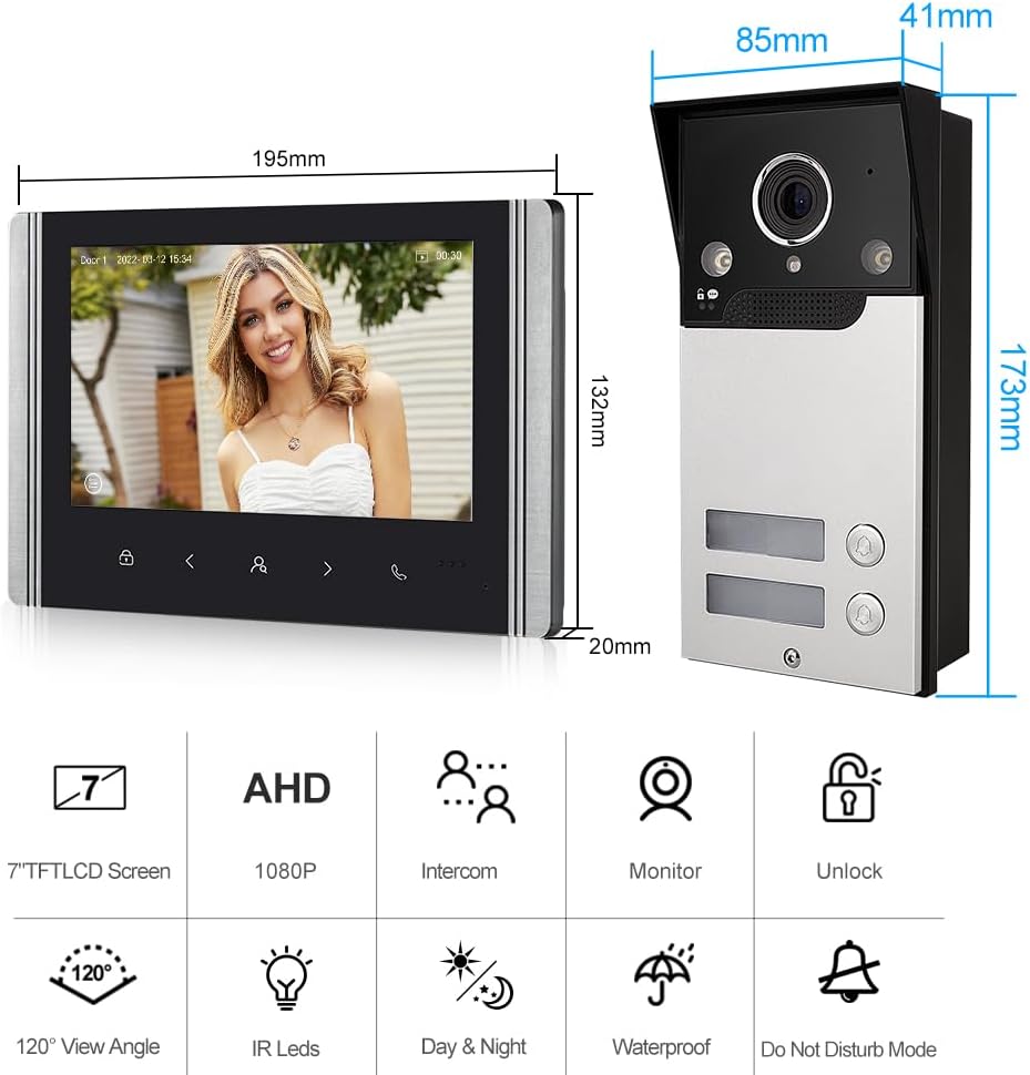 WLAN draadloze video-deurintercom, 1080P buitencamera, 7 inch touchscreen draadloze monitor, PIR bewegingsdetectie, nachtzicht, Tuya APP-bediening (voor 3 gezinnen)