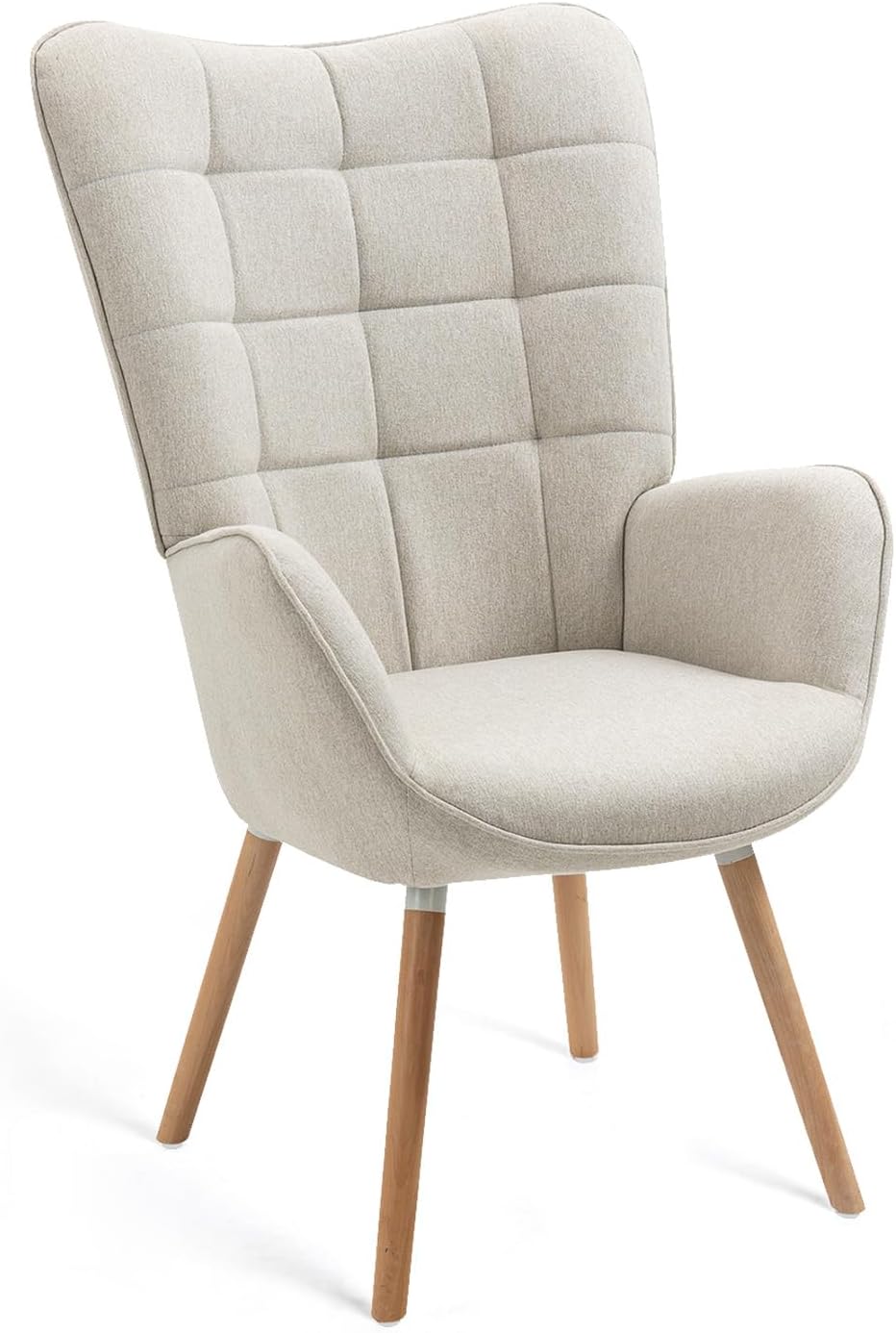 MEUBLE COSY Leunstoelen, scandinavische vrijetijds leunstoel, met stoffen bekleding, gewatteerde armleuningen en massief houten poten, voor woonkamer, slaapkamer, kantoor, vanity, beige, 66x53x106cm