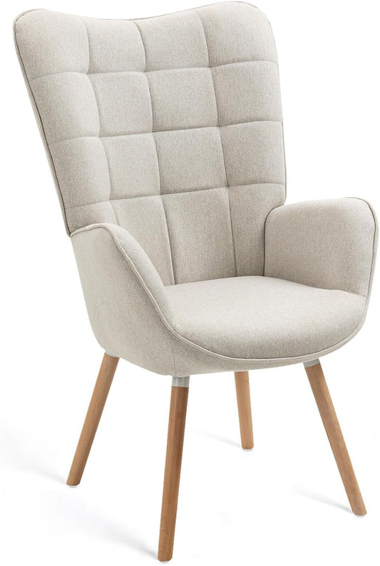 MEUBLE COSY Leunstoelen, scandinavische vrijetijds leunstoel, met stoffen bekleding, gewatteerde armleuningen en massief houten poten, voor woonkamer, slaapkamer, kantoor, vanity, beige, 66x53x106cm