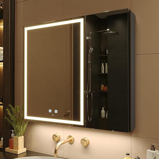 KWW LED Illuminated Bathroom Cabinet with Mirror, Colour Temperature Adjustable, Anti-Fog Dimmable Lamps, Sockets for USB (75 x 80 cm) - QUORE