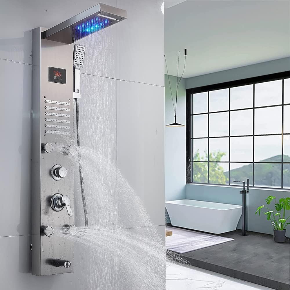 Douchepaneel – Douchekolom – Regendouche – Massage Douche – Handdouche – Roestvrijstaal Geborsteld – 8 Functies Inclusief Massage Nozzles – LED Verlichting & Temperatuurdisplay